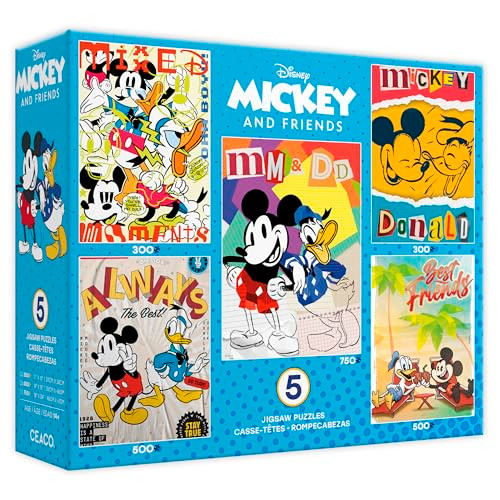 Ceaco - Disney - Little Mickey And Donald Posters - 5 In 1 Multipack Jigsaw Puzzles - Relaxing And Fun Activity For Adults