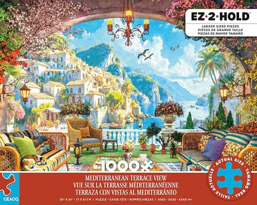 Ceaco - Ez2Hold - Dominic Davison - Mediterranean Terrace View - 1000 Piece Jigsaw Puzzle For Adults - Challenging Puzzle Perfect For Game Nights - Finished Size Is 30 X 24