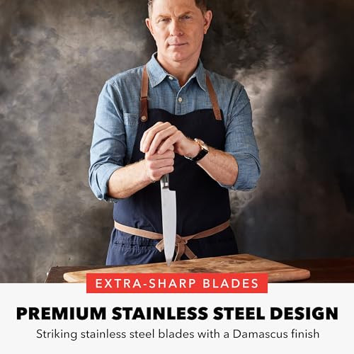 Greenpan X Bobby Flay 13 Piece Stainless Steel Cutlery Kitchen Knife Block Set, Premium Stainless Steel Blades, Acacia Wood Knife Block, Hand Finished Ergonomic Wood Handle, Damascus Steel Design