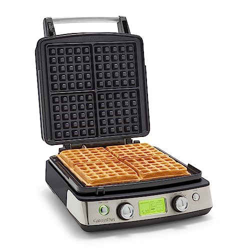 Greenpan Elite 4-Square Belgian & Classic Waffle Maker,Healthy Ceramic Nonstick Dishwasher Safe Plates, Adjustable Shade/Crunch Control, Wont Overflow, Easy Cleanup Breakfast, Pfas-, White