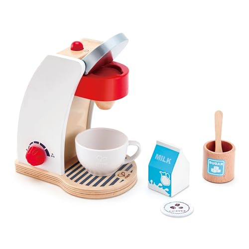 Hape Wooden White Coffee Maker Kitchen Set With Accessories Pretend Play Toy Set For Kids Ages 3 Years & Up