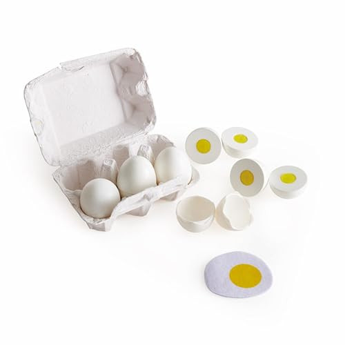 Hape Egg Carton  3 Hard-Boiled Eggs With Easy-Peel Shell & 3 Fried, Wooden Realistic Educational Toy For Children 3+, White And Yellow (E3156)