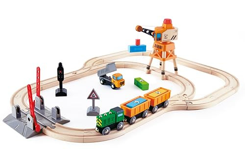 Hape Crossing & Crane Set  32-Piece Wooden Railway Cargo Playset For Kids Multicolor