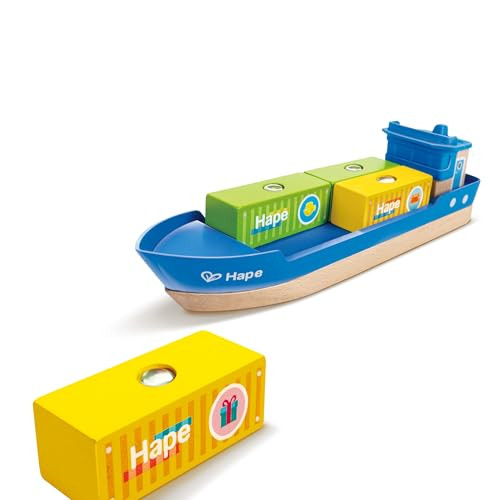 Hape Cargo Ship & Crane  Toy Boat And Crane Playset, For Children Ages 3Y+