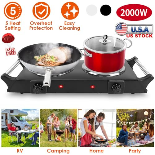 Imountek 2000W Electric Dual Burner Portable Coil Heating Hot Plate Stove Countertop Rv Hotplate With 5 Temperature Adjustments Portable Handles/Black Double