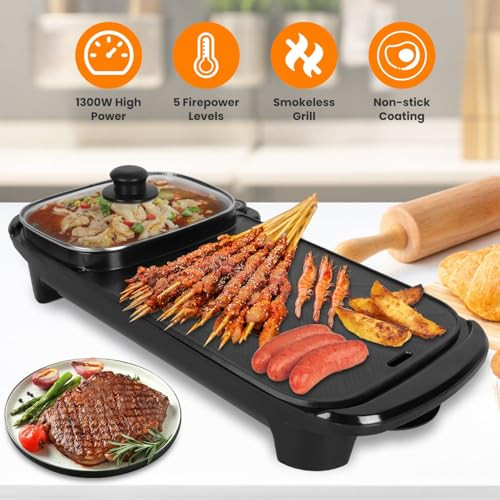 Imountek Electric Hot Pot With Grill, 2 In 1 Hot Pot With Bbq Grill Cooker 2200W  Non-Stick Korean Bbq Grill Shabu Hot Pot With Independent Temperature Control Firepower For 10 People Party