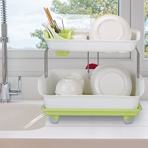 Imountek 2-Tier Dish Drying Rack Cutlery Drainer Holder Kitchen Organizer Storage Shelf With Drainage, Utensil Holder, Dish Drainers Storage Shelf For Kitchen Counter