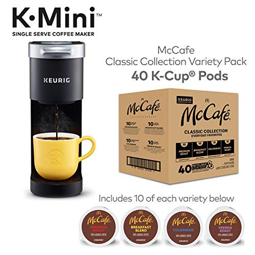 Keurig K-Mini Coffee Maker, Single Serve K-Cup Pod Coffee Brewer, Black With Mccafe Classic Collection Variety Pack K-Cup Coffee Pods, 40 Count