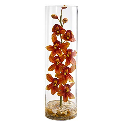 Nearly Natural Cymbidium Orchid Artificial Cylinder Vase Silk Arrangements, Burgundy