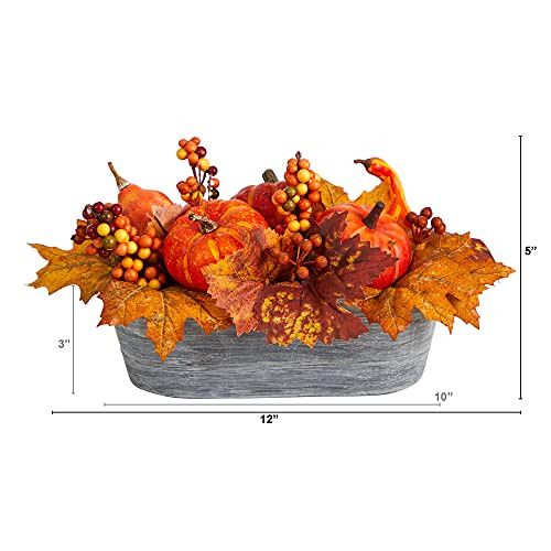 Nearly Natural 12In. Fall Pumpkin And Berries Autumn Harvest Artificial Arrangement In Washed Vase