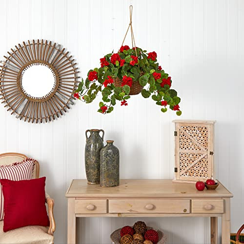 Nearly Natural 6609-Rd 24In. Geranium Hanging Basket Silk Plant,Red,10.25" X 10.25" X 17.5"