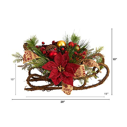 Nearly Natural 18In. Christmas Sleigh With Poinsettia, Berries And Pinecone Artificial Arrangement With Ornaments