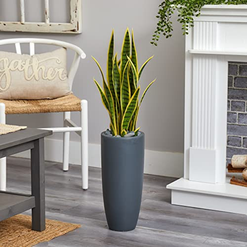 Nearly Natural 3-Ft Artificial Tall Snake Plant Sansevieria, Yellow Faux Snake Plant For Indoor Home Decor In Grey Bullet Planter, Fake Plant In Office, Living Room, Bedroom, Lifelike Artificial Plant