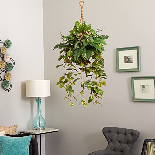 Nearly Natural Mixed Pothos And Boston Artificial Fern In Hanging Basket