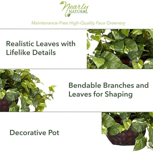 Nearly Natural 6681 15In. Pothos With Decorative Vase Silk Plant,Green,17.5" X 10.125" X 10.125"