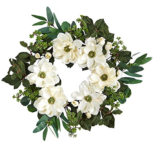Nearly Natural 23In. Magnolia, Eucalyptus And Berries Artificial Wreath,White