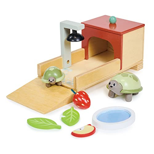 Tender Leaf Toys - Tortoise Pet Set - 10 Piece Wooden Animal Play Set With Mummy And Baby Tortoise, House, And Food - Great Add-On Pet Play Set To Dollhouse Play For Children - Age 3+