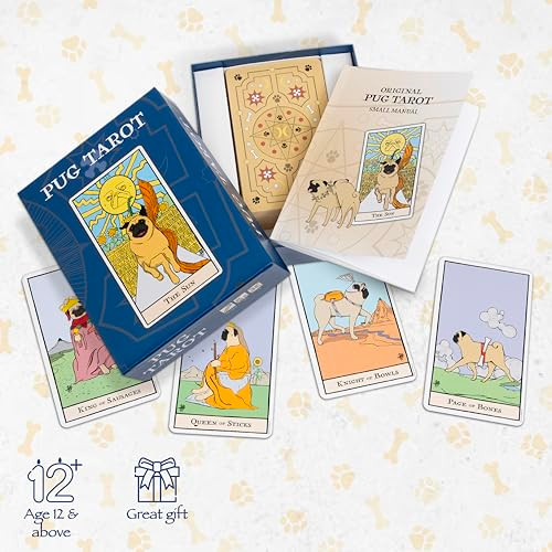 Thames & Kosmos Pug Tarot, Tarot Cards With Funny Dog Illustrations, Easy-To-Use Tarot Card Deck, Family Games For Adults And Kids, Age 12+