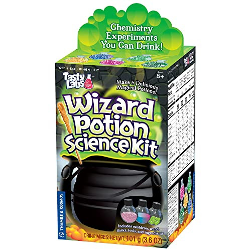 Thames & Kosmos Tasty Labs Wizard Potion Science Kit - Make 5 Magical Potions, Chemistry Experiments Safe To Drink, Includes Cauldron & Wand - Study Reactions, Polymers & More