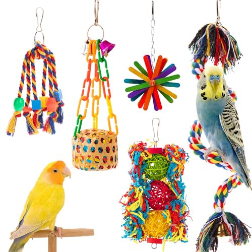 Afuower 5Pcs Bird Toys Set For Parrots - Shredding Chewing Foraging Activity Toys Safe For Cockatiel Mynah Finch Lovebirds - Cage Enrichment Accessories