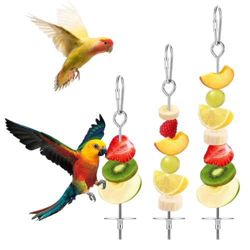 Alrhso 3Pcs Parrot Fruit Stick Feeder Fruit Vegetable Treats Skewer Bird Cage Stainless Steel Food Holder For Hanging Bird Foraging Toys For Macaw Parakeet Budgie (3 Sizes)