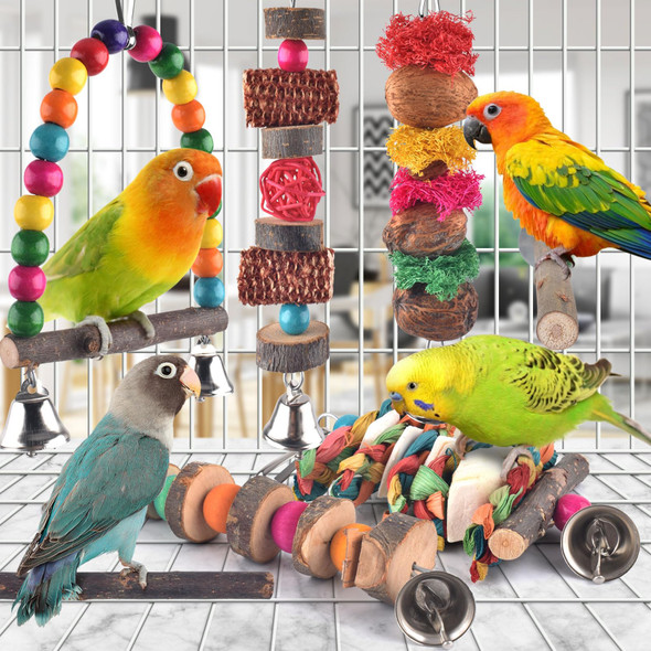 Bissap Bird Chew Toys 7 Packs Parakeet Natural Wood Toys Parrot Hanging Cage Toy Perch Stand For Small Birds Conure Cockatiel Parrotlet Lovebird Budgie