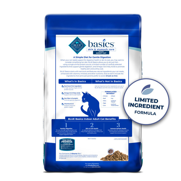 Blue Buffalo Basics Grain- Dry Cat Food Skin & Stomach Care Limited Ingredient Diet For Indoor Cats Fish & Potato Recipe 11-Lb Bag
