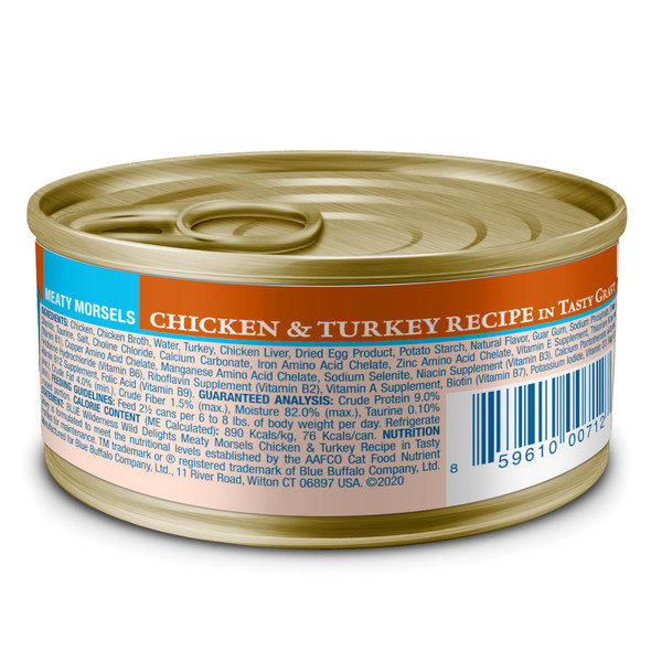Blue Buffalo Wilderness Wild Delights Meaty Morsels Wet Cat Food High-Protein & Grain- Made With Natural Ingredients Chicken & Turkey Recipe In Tasty Gravy 3-Oz. Cans (24 Count)