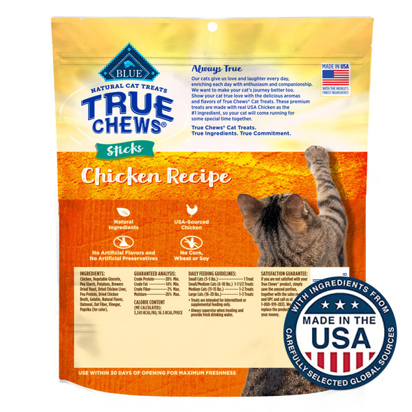 Blue Buffalo True Chews Sticks Natural Cat Treats Chicken Recipe Meaty & Savory Treats Made In The Usa 3-Oz Bag