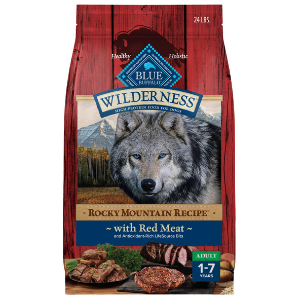 Blue Buffalo Wilderness Rocky Mountain High-Protein Adult Dry Dog Food Wholesome Grains Red Meat 24Lb. Bag