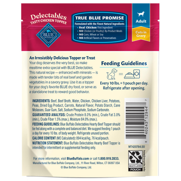 Blue Buffalo Delectables Natural Wet Dog Food Toppers Variety Pack Tasty Chicken & Hearty Beef Cuts In Gravy 3-Oz. (12 Pouches 6 Of Each Flavor)