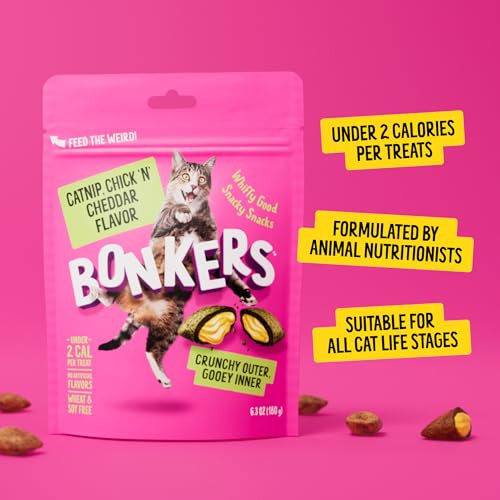 Bonkers Cat Bites Crunchy & Soft Chick N' Cheddar Flavor Treats Low Calorie Training Or Food Topper 3 Oz Resealable Bag For All Breeds And Ages Value Pack (10 Pack)