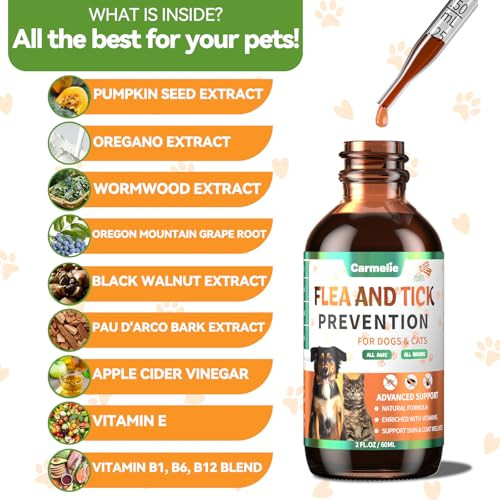 Carmelie Oral Flea And Tick Support For Dogs And Cats Natural Dog Flea And Tick Defense Cat Flea Drops Supplements With Vitamin For Pets - All Breeds And Ages - Bacon