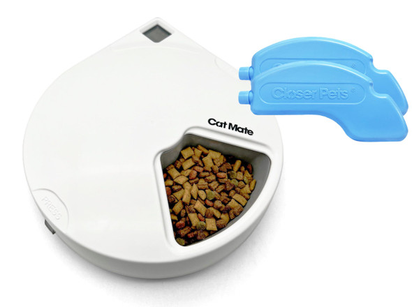 Cat Mate C500 Automatic 5 Bowl Digital Timer-Controlled Pet Feeder - For Cats And Small Dogs Wet Or Dry Food Includes Twin Ice Packs 5 Meals Up To 0.73 Lb Each White
