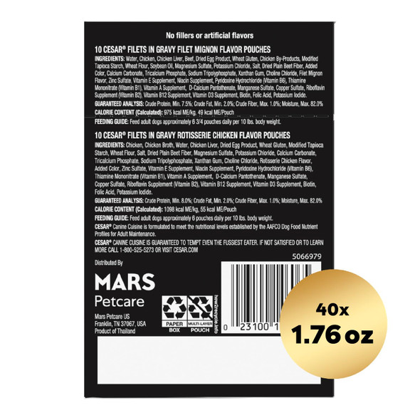 Cesar Filets In Gravy Wet Dog Food Rotisserie Chicken Flavor Filet Mignon Flavor And Wood-Grilled Chicken Flavor Variety Pack 1.76 Oz. Mini-Pouches 40 Pack