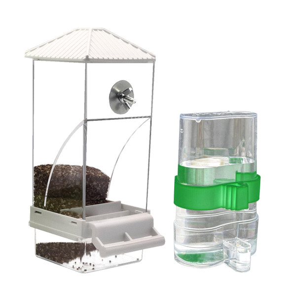 Chuyouan No Mess Bird Feeder Water Dispenser Set Automatic Parrot Feeder For Cage Transparent Acrylic Food Container Drinker Cage Accessories Parakeet Cockatiel Lovebird Finch