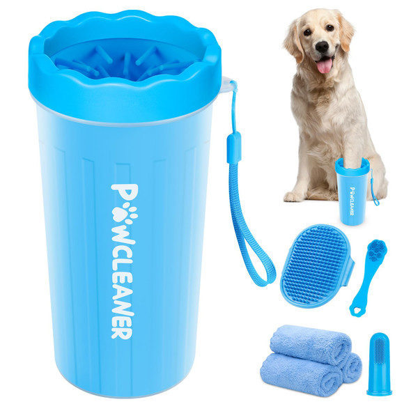 Comotech Professional 7 In 1 Dog Paw Cleaner For Dogs & Cats - Includes 1 Portable Paw Washer 1 Bath Brush 2 Dog Toothbrushes And 3 Absorbent Towels Note: Fits Paws 2.5 To 3.5 Inches Wide (Large Blue)