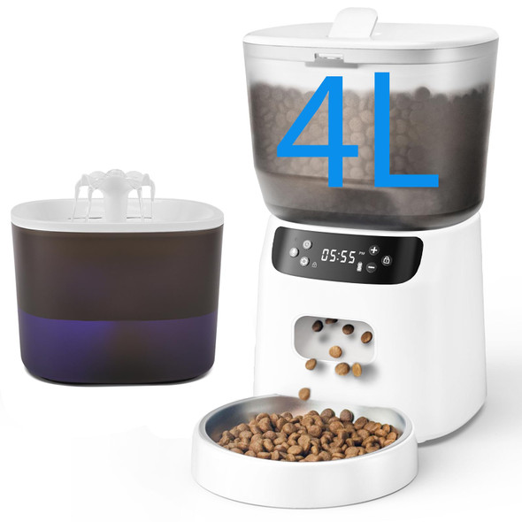 Corgote Automatic Cat Feeder And Water Fountain 4L/16 Cups Timed Cat Dry Food Dispenser 10S Meal Call 20 Portions 6 Meals Per Day 2L Cats Fountains For Drinking With Filter Pet Feeder For Dog White