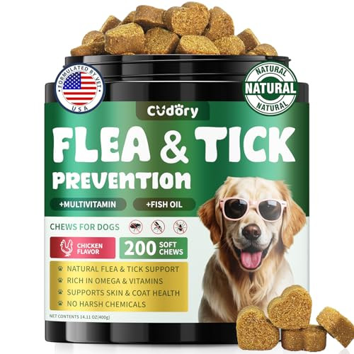 Cudory Flea And Tick Prevention For Dogs 200 Natural Soft Chewables Flea And Tick Support With Vitamins & Fish Oil Oral Flea Chews Supplement For Dogs -All Breeds Puppy To Senior Dog Chicken Flavor