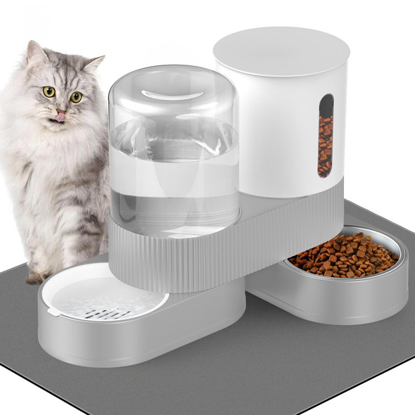 Daament Automatic Cat Feeder And Water Dispenser 2 In 1 Gravity Pet Food Feeder And Water Set With Stainless Steel Food Bowl For Cats Small Dogs Rabbits 360 Degree Rotatable Include Non-Slip Mat