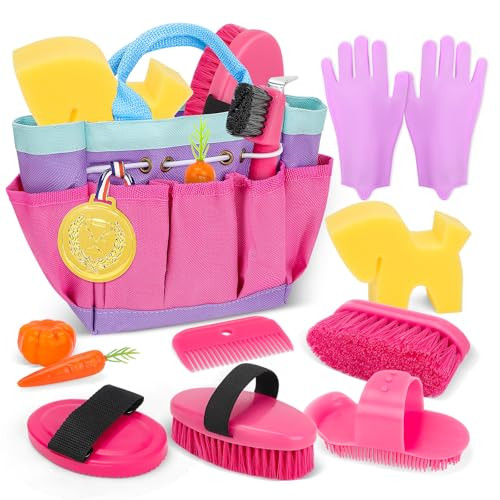 Deao Horse Grooming Kit For Girls 12 Piece Pretend Play Horse Care Set With Tote Bag Horse Brush Set For Realistic Cleaning And Bathing Play For Horse Riders Beginners