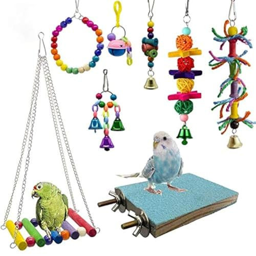 Deloky 8 Packs Bird Swing Chewing Toys- Parrot Hammock Bell Toys Suitable For Small Parakeets Cockatiels Conures FinchesBudgieMacaws Parrots Love Birds