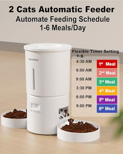 Domomayli Automatic Cat Feeder For 2 CatsDual Bowl Dry Food Dispenser With Portion Control & 10S Voice RecorderTimed FeedingDual PowerQuiet Operation(White Abs Dual Bowls)