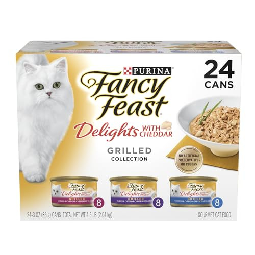 Fancy Feast Purina Delights With Cheddar Grilled Chicken Turkey Or Whitefish And Cheddar Cheese Feast In Gravy Wet Cat Food Variety Pack - (Pack Of 24) 3 Oz. Cans