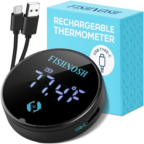 Fishnosh Aquarium Thermometer Rechargeable Usb Type-C Fish Tank Thermometer W/Glowing Digits Battery Indicator Smart Sensor Positioning 2.5Ãƒ¢Ã‚Š¬Ã‚ X 0.5Ãƒ¢Ã‚Š¬Ã‚ Fish Tank Temperature Gauge W/Charging Cable