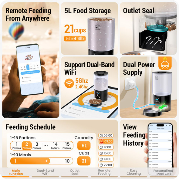 Frienhund Automatic Cat Feeder With Hd Camera: 5G Wifi Automatic Dog Feeder With Night Vision 5L Timed Cat Food Dispenser With App For Pet Detachable For Easy Clean-21 Cups