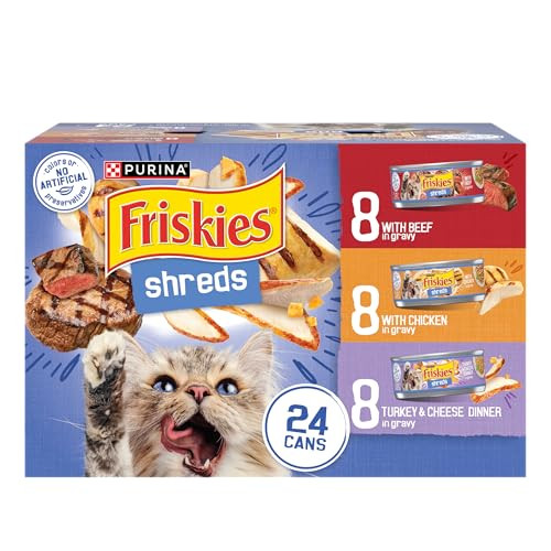 Friskies Purina Gravy Wet Cat Food Variety Pack Shreds With Beef With Chicken And Turkey And Cheese Dinner - (Pack Of 24) 5.5 Oz. Cans
