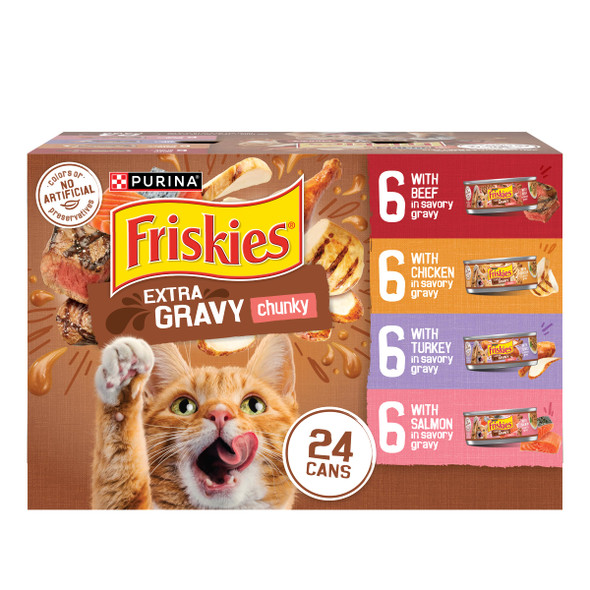 Friskies Purina Extra Gravy Wet Cat Food Chunky 24Ct Variety Pack (With Chicken Turkey Salmon Beef) - (Pack Of 24) 5.5 Oz. Cans