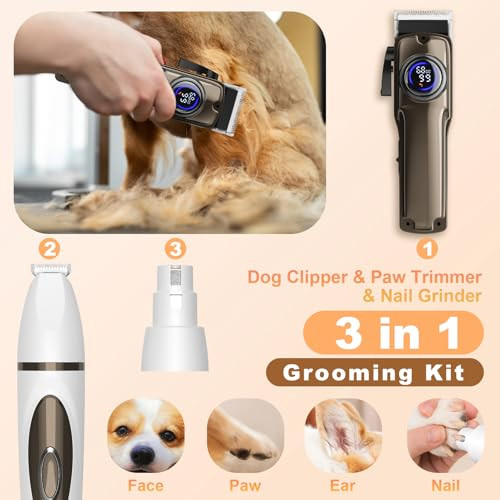 Gimpyn Dog Grooming Kit Dog Clippers For Grooming Paw Trimmer Nail Grinder Low Noise Rechargeable Cordless Pet Shaver With Stainless Steel Blade For Pets Cats Animals
