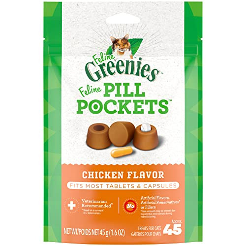 Greenies Feline Pill Pockets For Cats Natural Soft Cat Treats Chicken Flavor 1.6 Oz. Pouch (45 Treats)